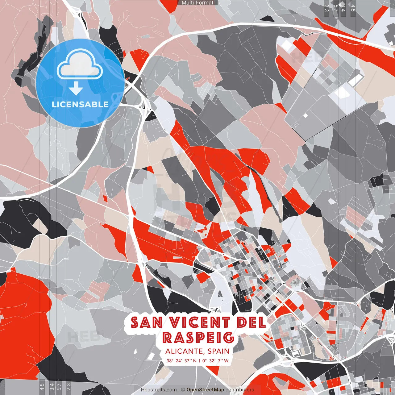 San Vicent del Raspeig, Alicante, Spain - modern street map poster template with gray and red tones