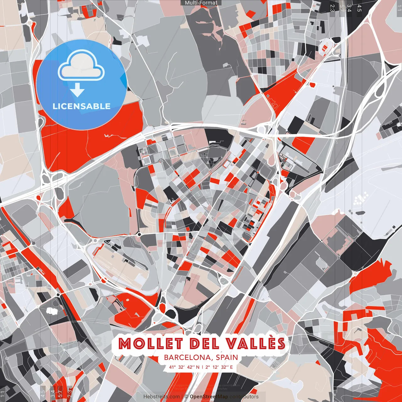 Mollet del Vallès, Barcelona, Spain - modern street map poster template with gray and red tones