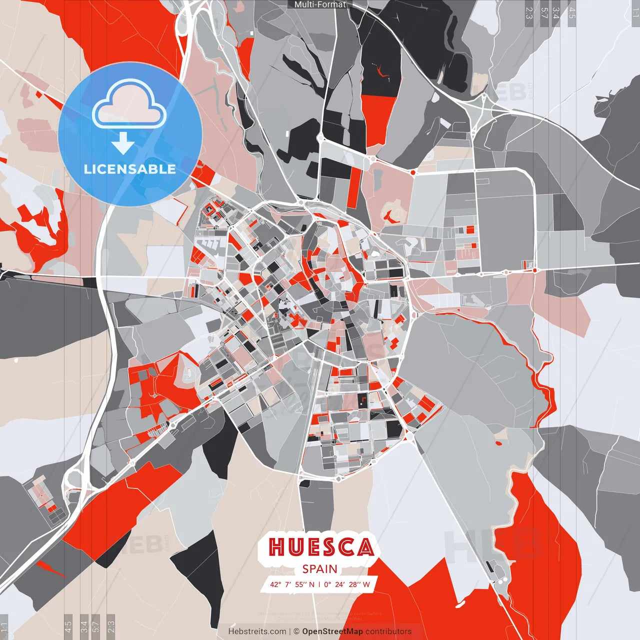 Huesca, Spain - modern street map poster template with gray and red tones