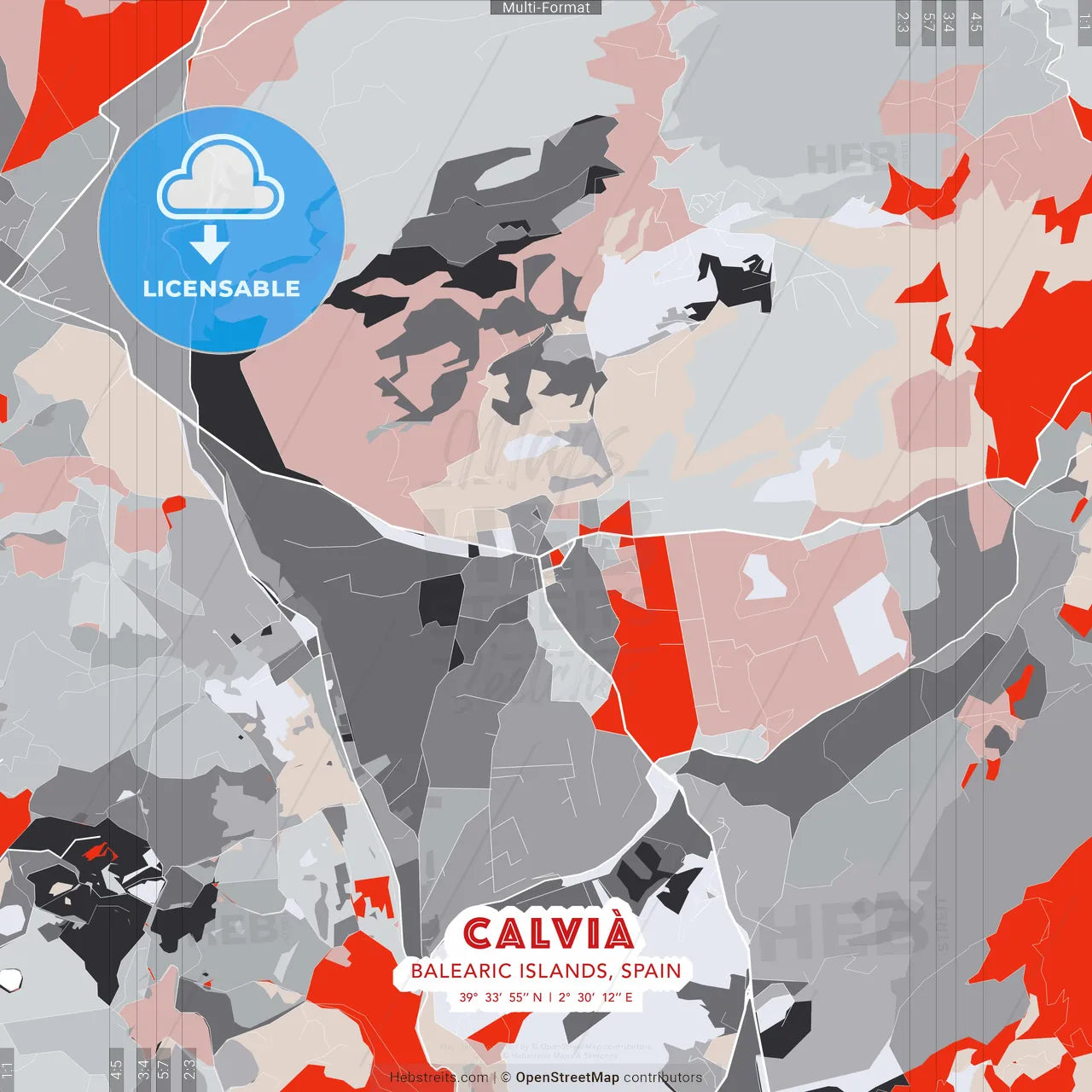 Calvià, Balearic Islands, Spain - modern street map poster template with gray and red tones