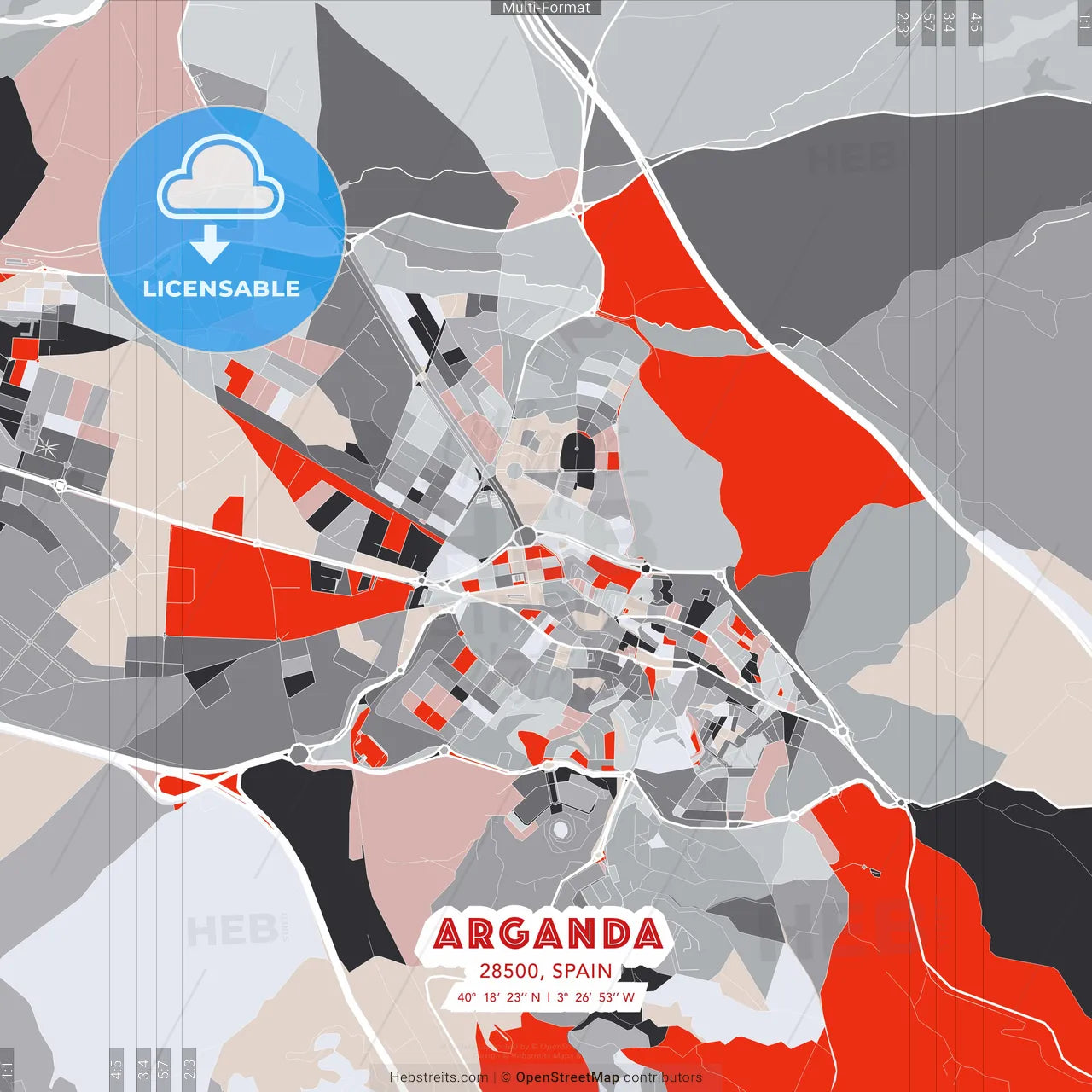 Arganda, 28500, Spain - modern street map poster template with gray and red tones