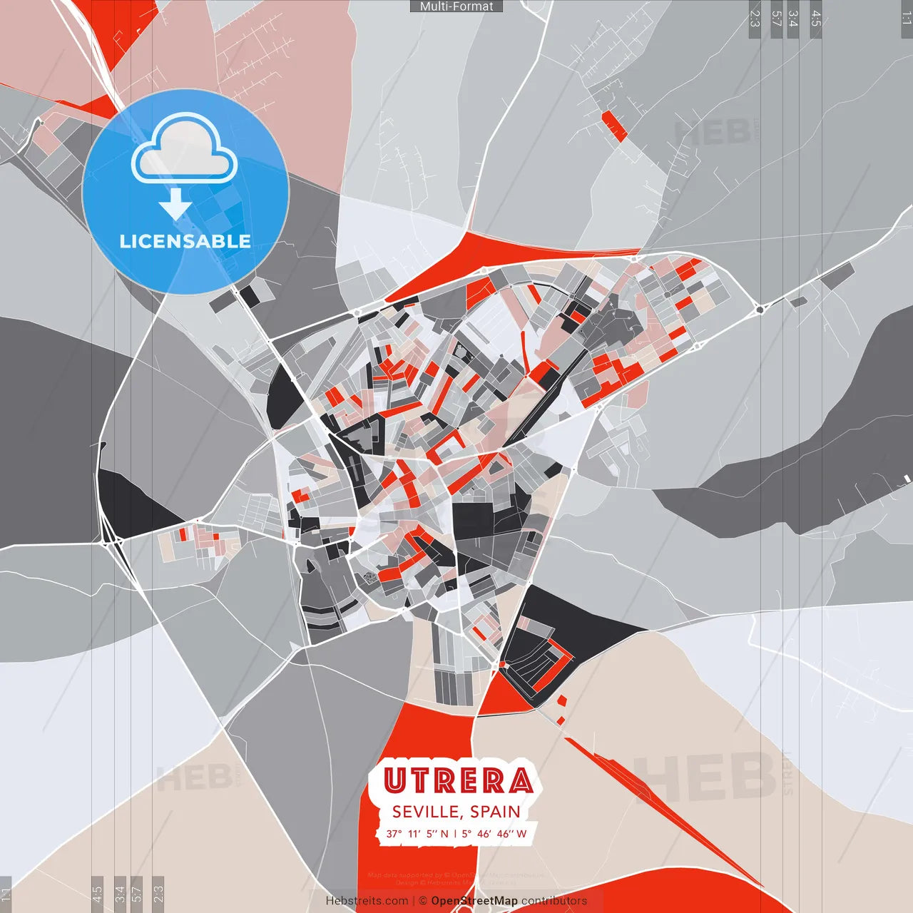 Utrera, Seville, Spain - modern street map poster template with gray and red tones