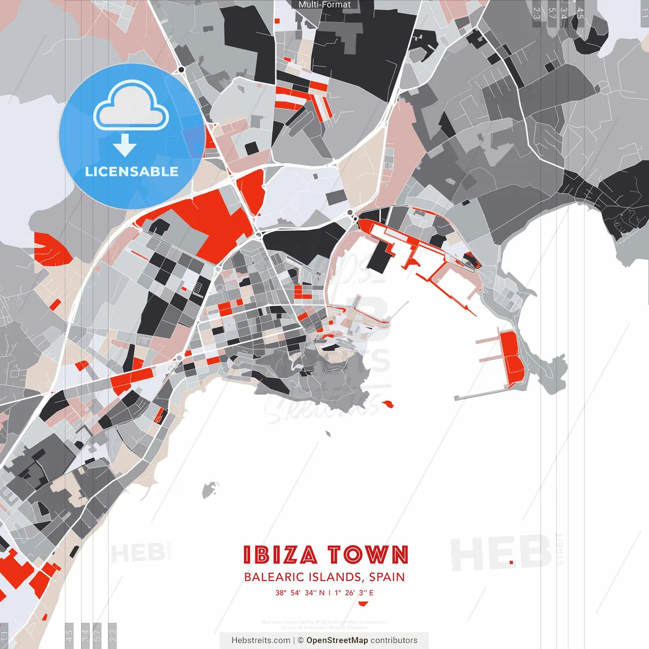 Ibiza Town, Balearic Islands, Spain - modern street map poster template with gray and red tones
