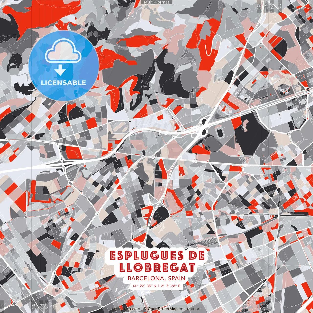 Esplugues de Llobregat, Barcelona, Spain - modern street map poster template with gray and red tones