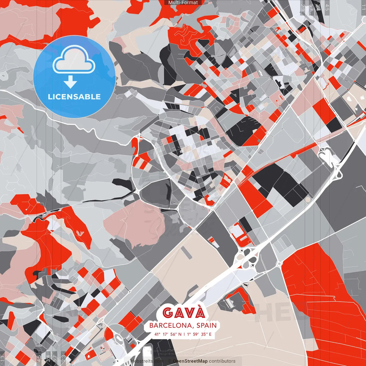Gavà, Barcelona, Spain - modern street map poster template with gray and red tones