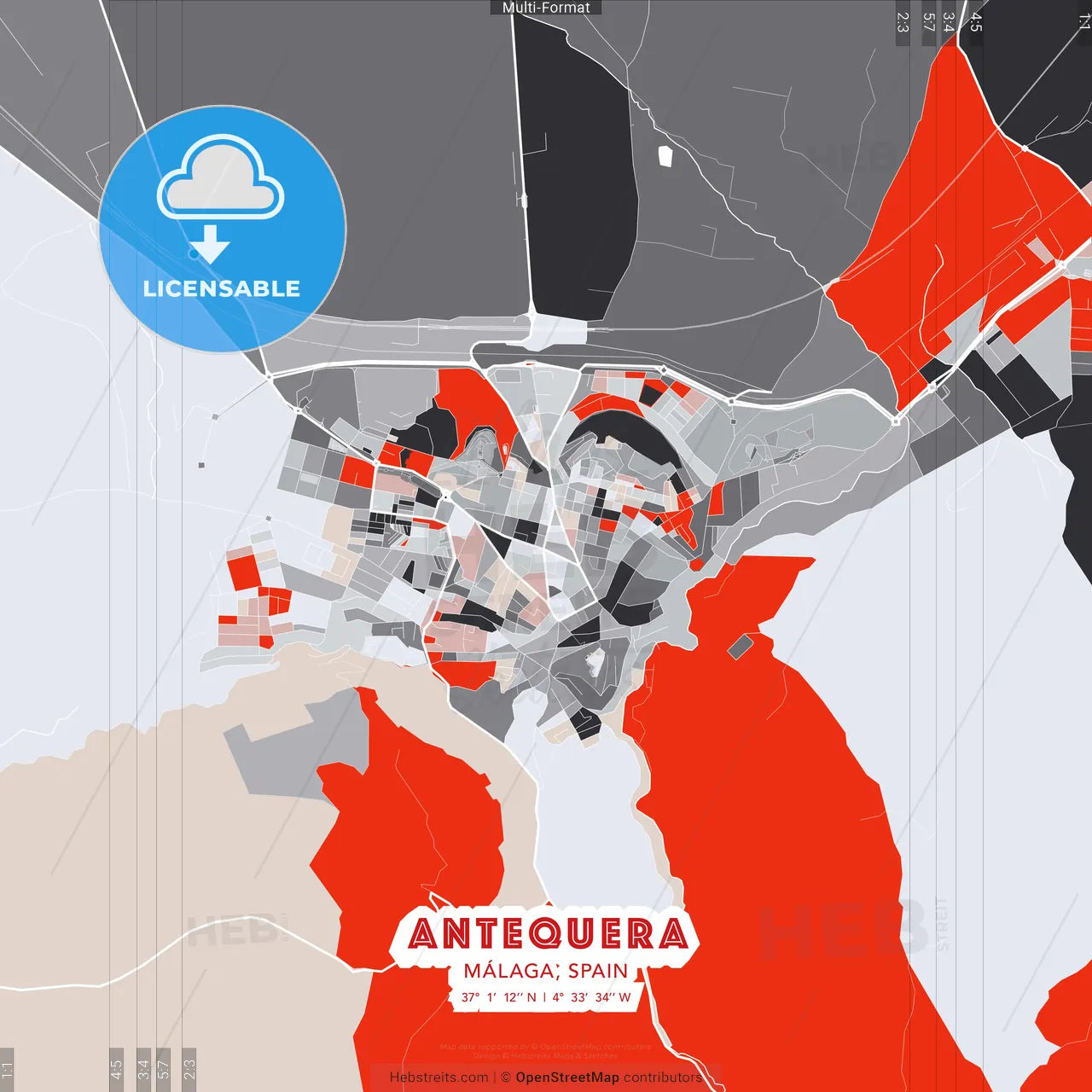 Antequera, Málaga, Spain - modern street map poster template with gray and red tones