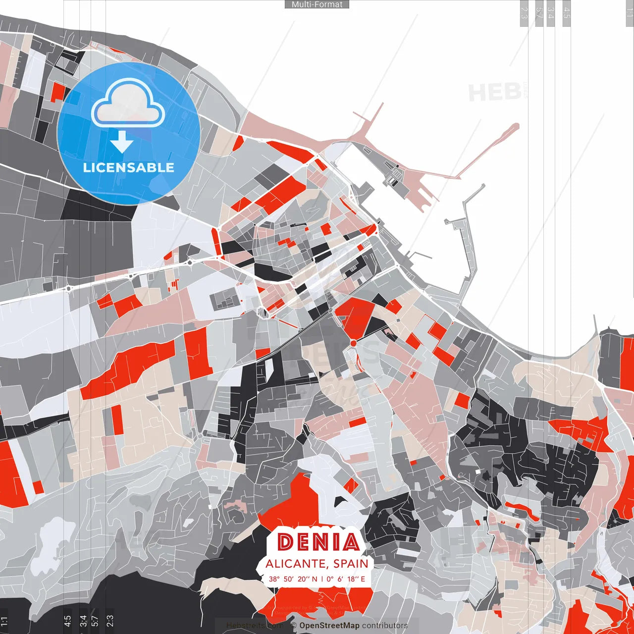 Denia, Alicante, Spain - modern street map poster template with gray and red tones