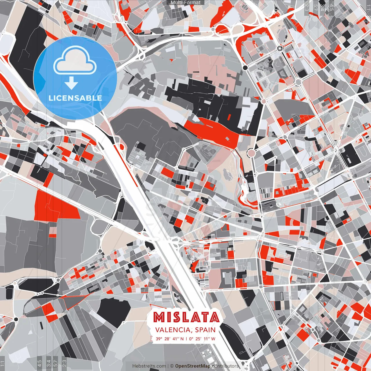 Mislata, Valencia, Spain - modern street map poster template with gray and red tones