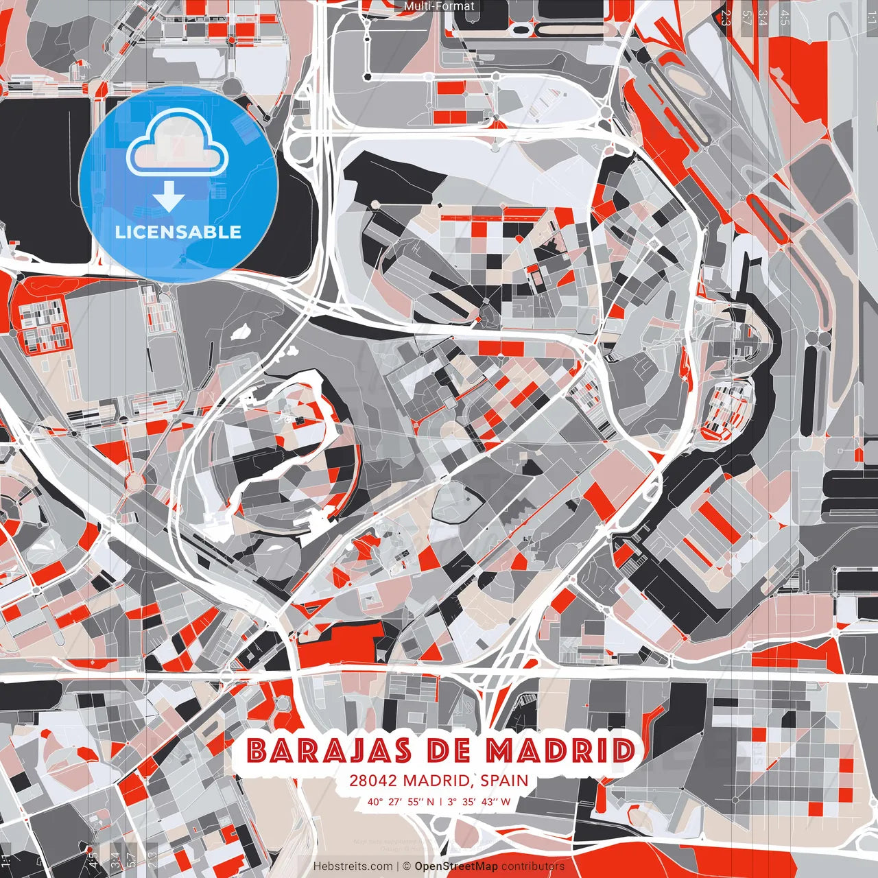 Barajas de Madrid, 28042 Madrid, Spain - modern street map poster template with gray and red tones