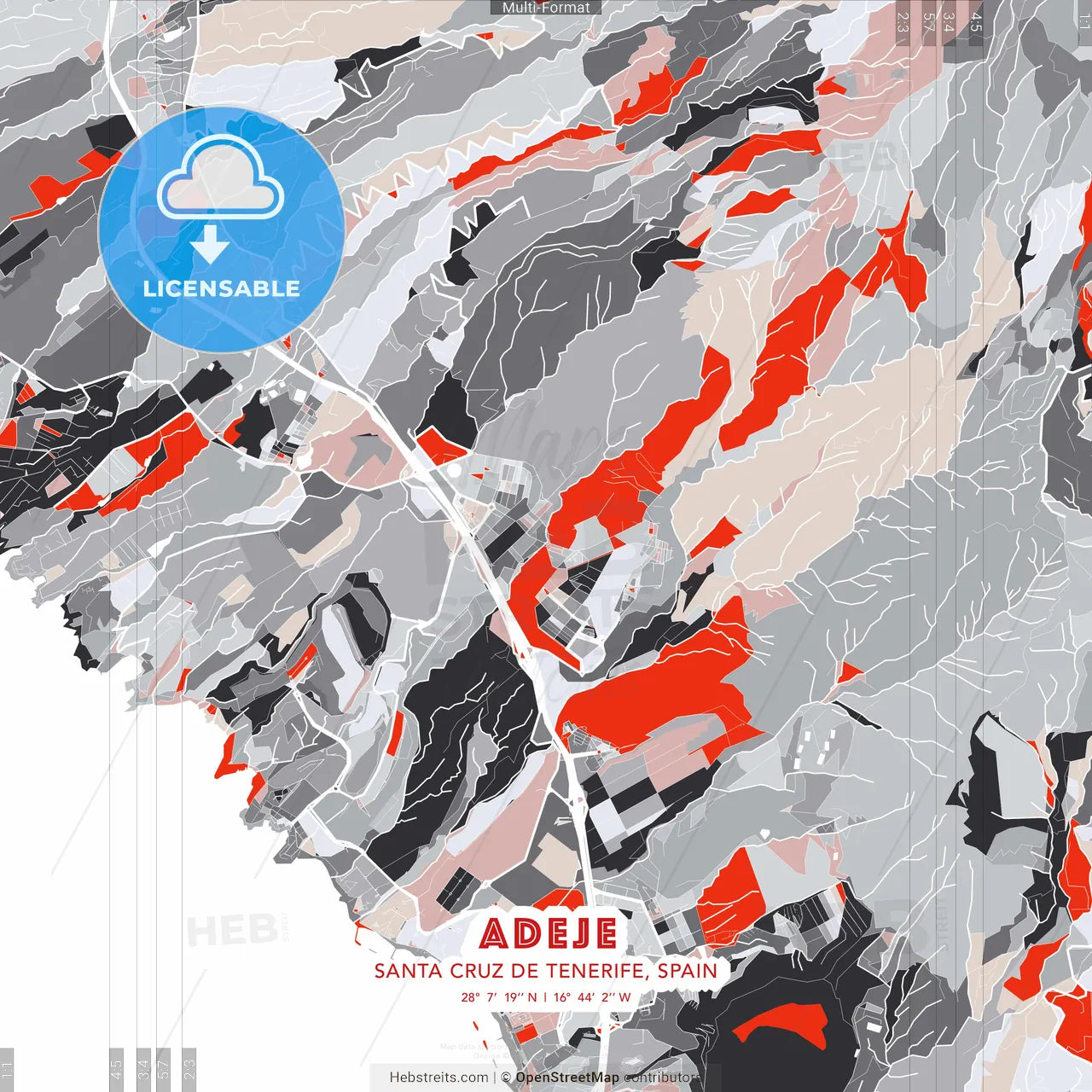 Adeje, Santa Cruz de Tenerife, Spain - modern street map poster template with gray and red tones
