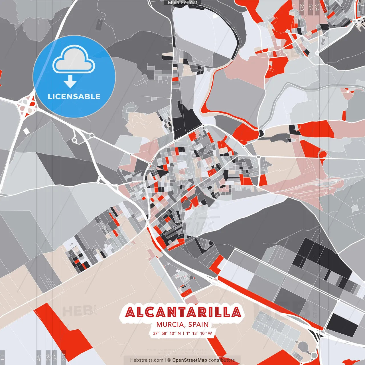 Alcantarilla, Murcia, Spain - modern street map poster template with gray and red tones