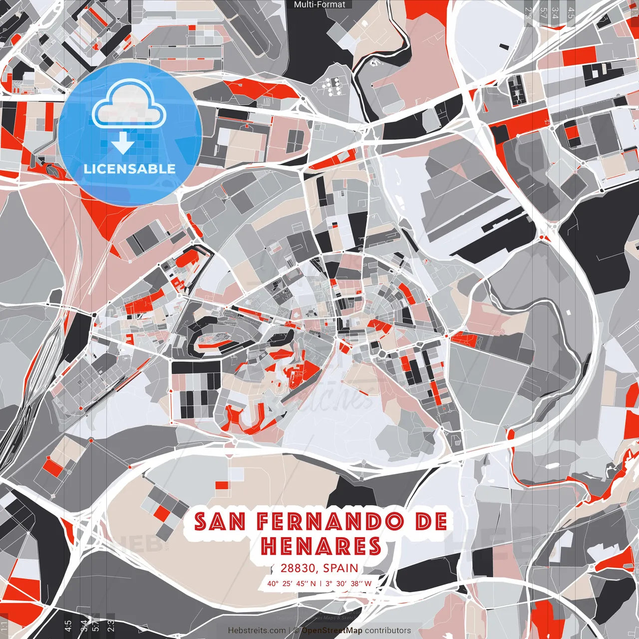 San Fernando de Henares, 28830, Spain - modern street map poster template with gray and red tones