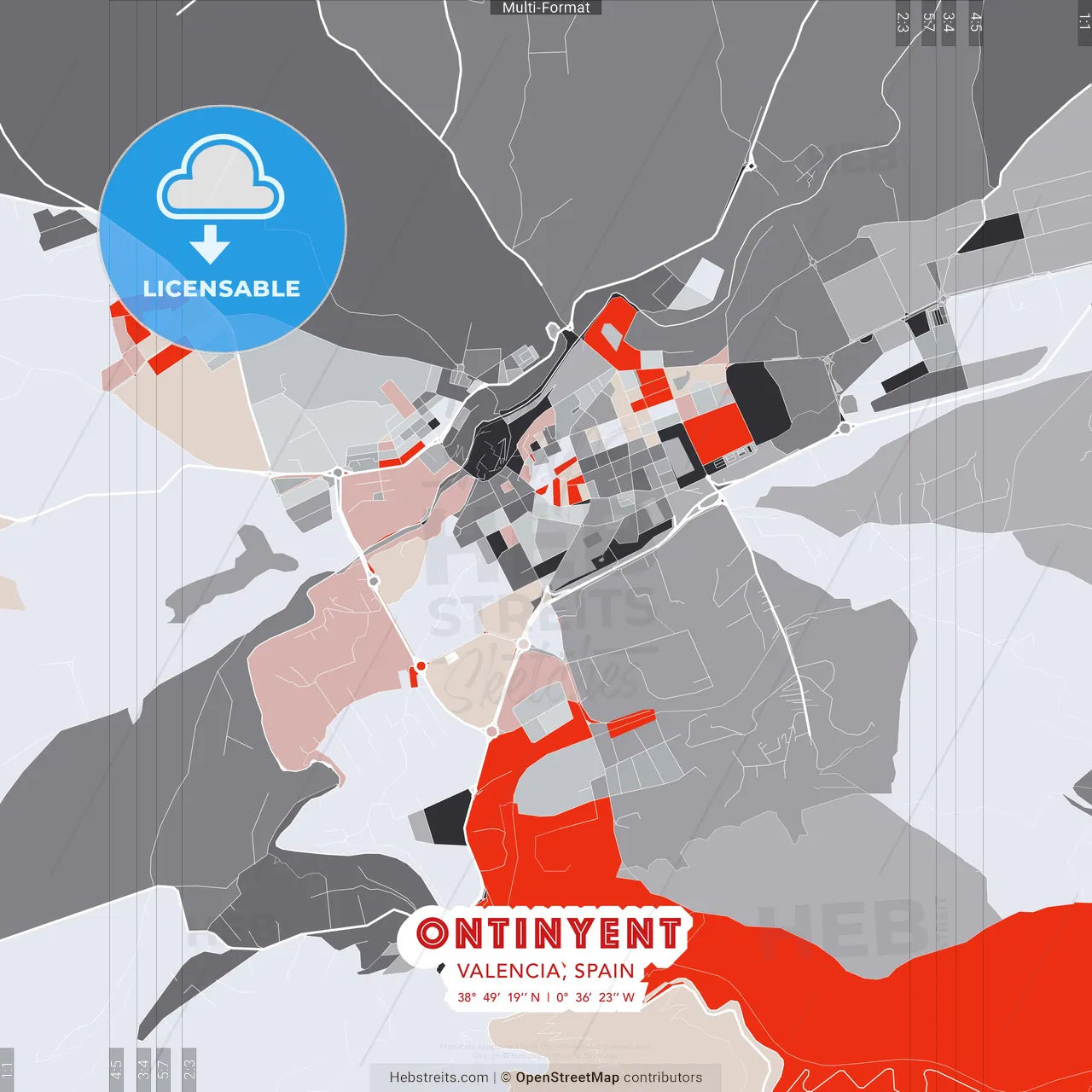 Ontinyent, Valencia, Spain - modern street map poster template with gray and red tones