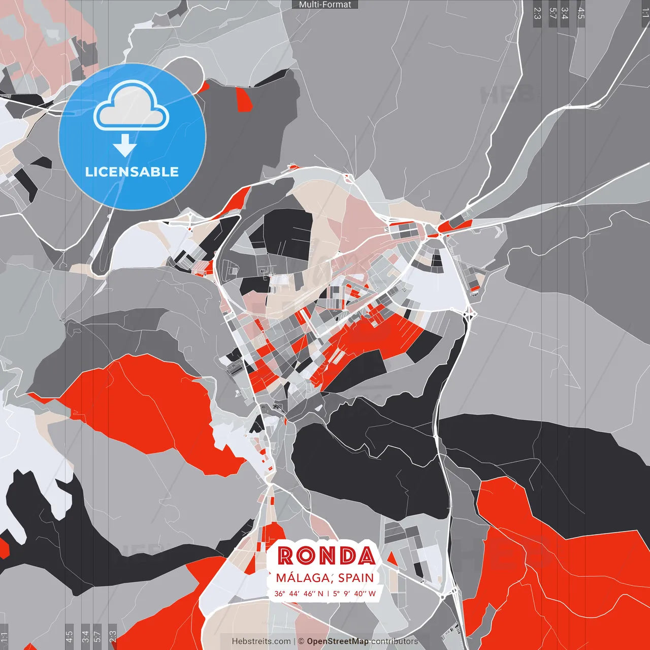 Ronda, Málaga, Spain - modern street map poster template with gray and red tones