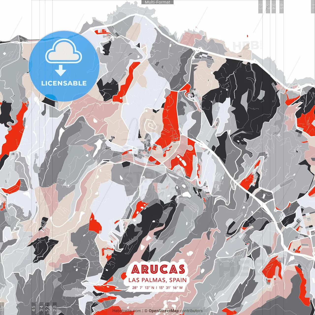 Arucas, Las Palmas, Spain - modern street map poster template with gray and red tones