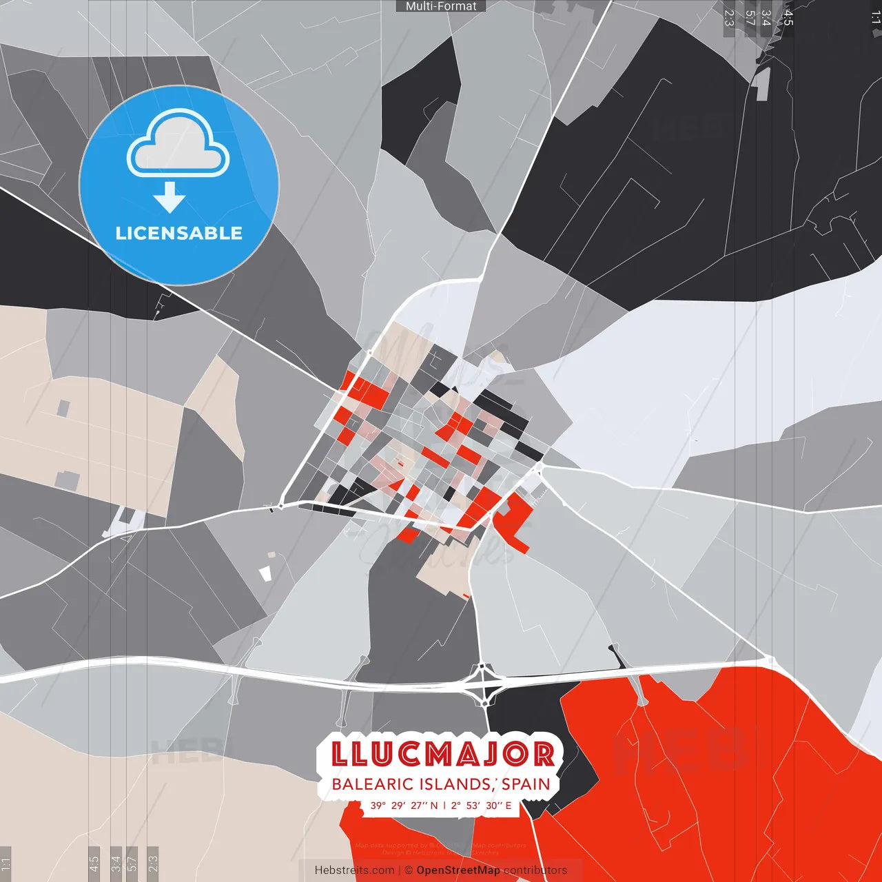Llucmajor, Balearic Islands, Spain - modern street map poster template with gray and red tones