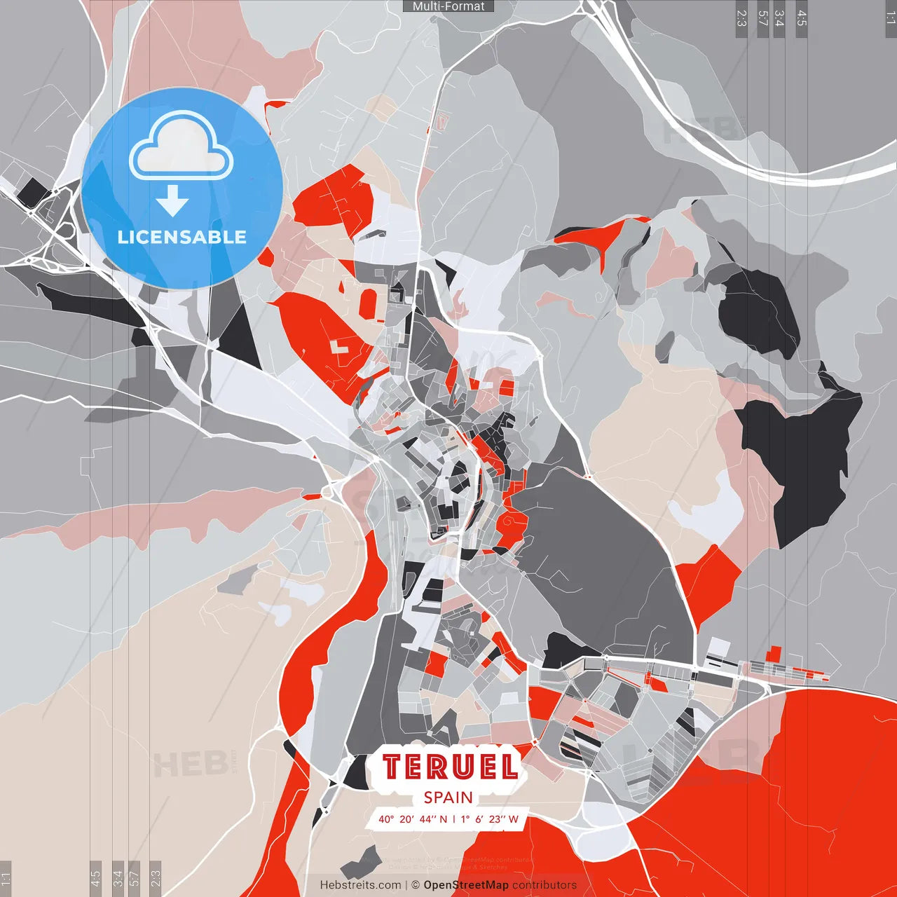Teruel, Spain - modern street map poster template with gray and red tones