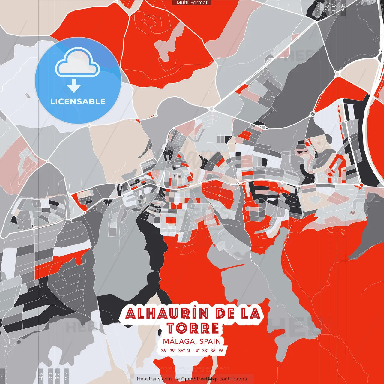 Alhaurín de la Torre, Málaga, Spain - modern street map poster template with gray and red tones