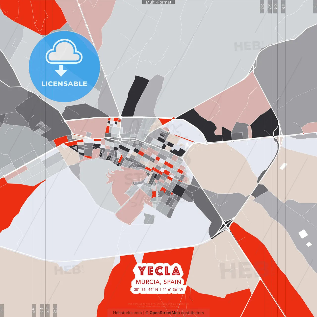 Yecla, Murcia, Spain - modern street map poster template with gray and red tones