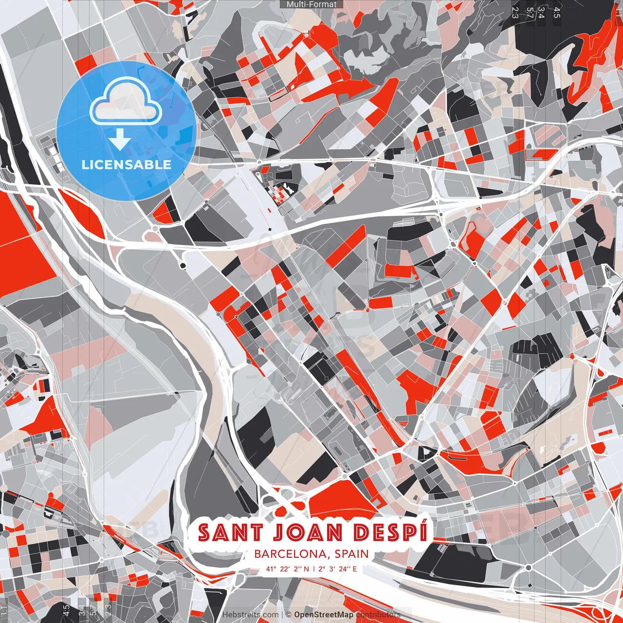 Sant Joan Despí, Barcelona, Spain - modern street map poster template with gray and red tones