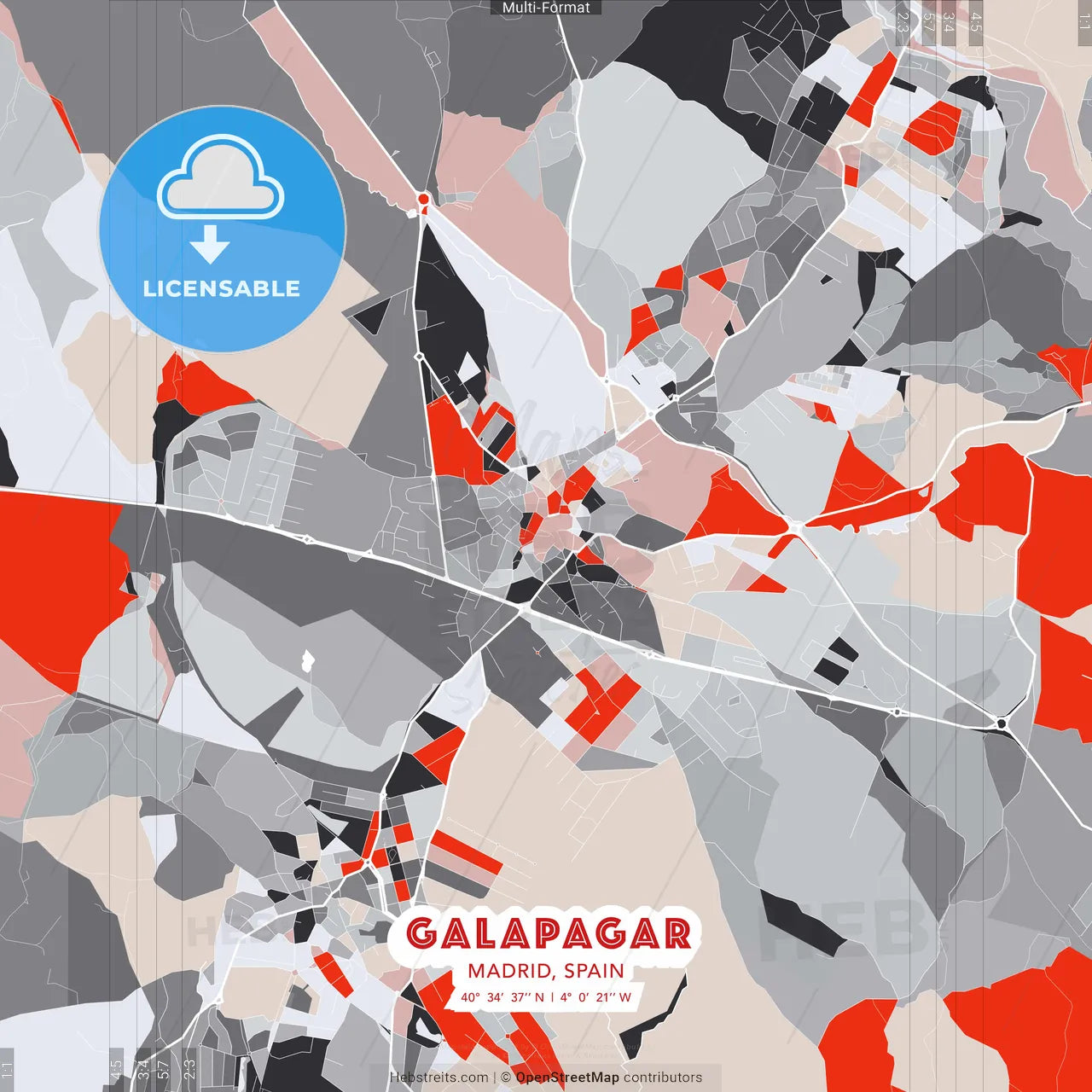 Galapagar, Madrid, Spain - modern street map poster template with gray and red tones