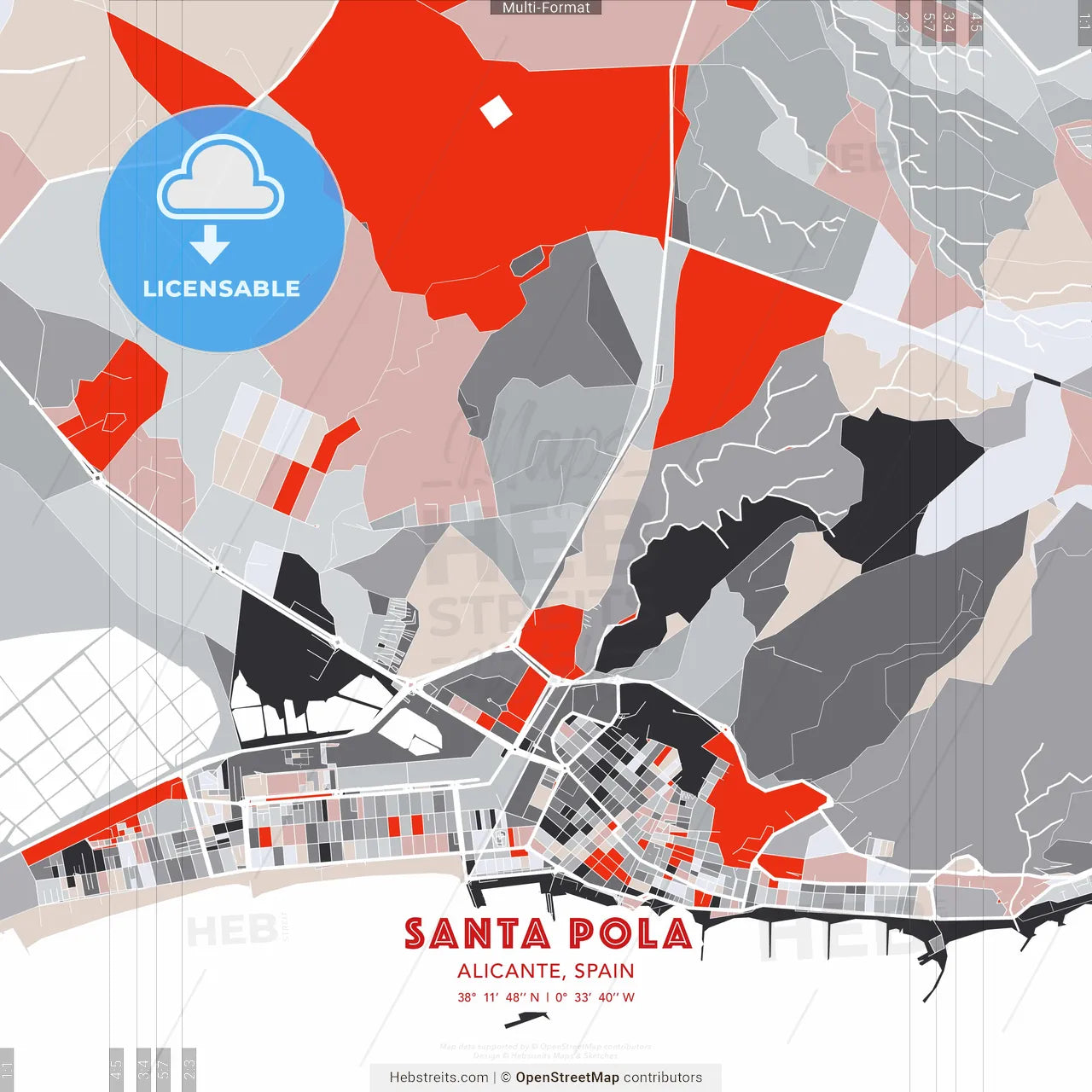 Santa Pola, Alicante, Spain - modern street map poster template with gray and red tones