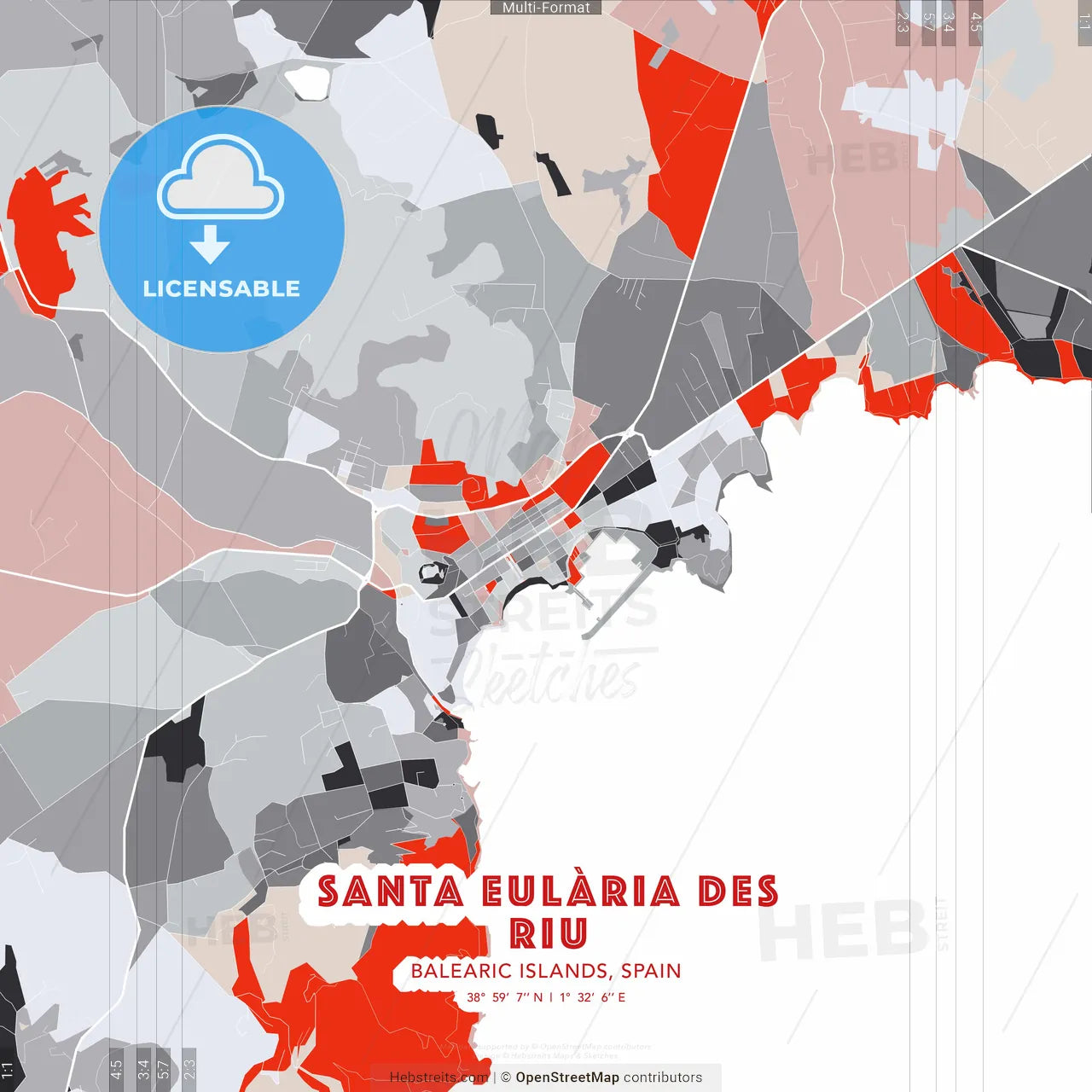 Santa Eulària des Riu, Balearic Islands, Spain - modern street map poster template with gray and red tones