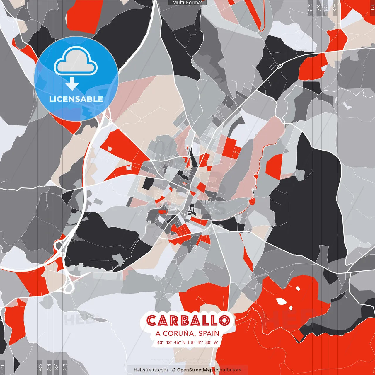 Carballo, A Coruña, Spain - modern street map poster template with gray and red tones