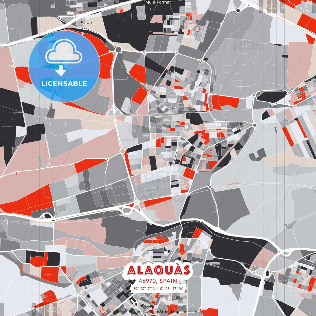 Alaquàs, 46970, Spain - modern street map poster template with gray and red tones