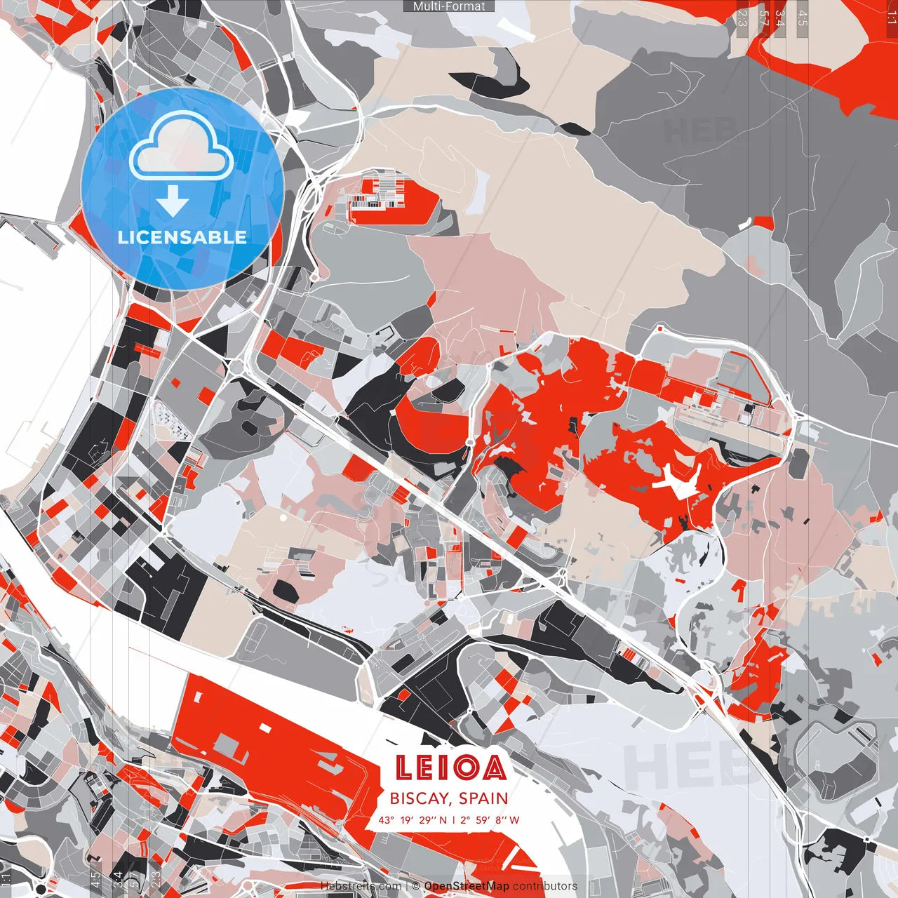 Leioa, Biscay, Spain - modern street map poster template with gray and red tones