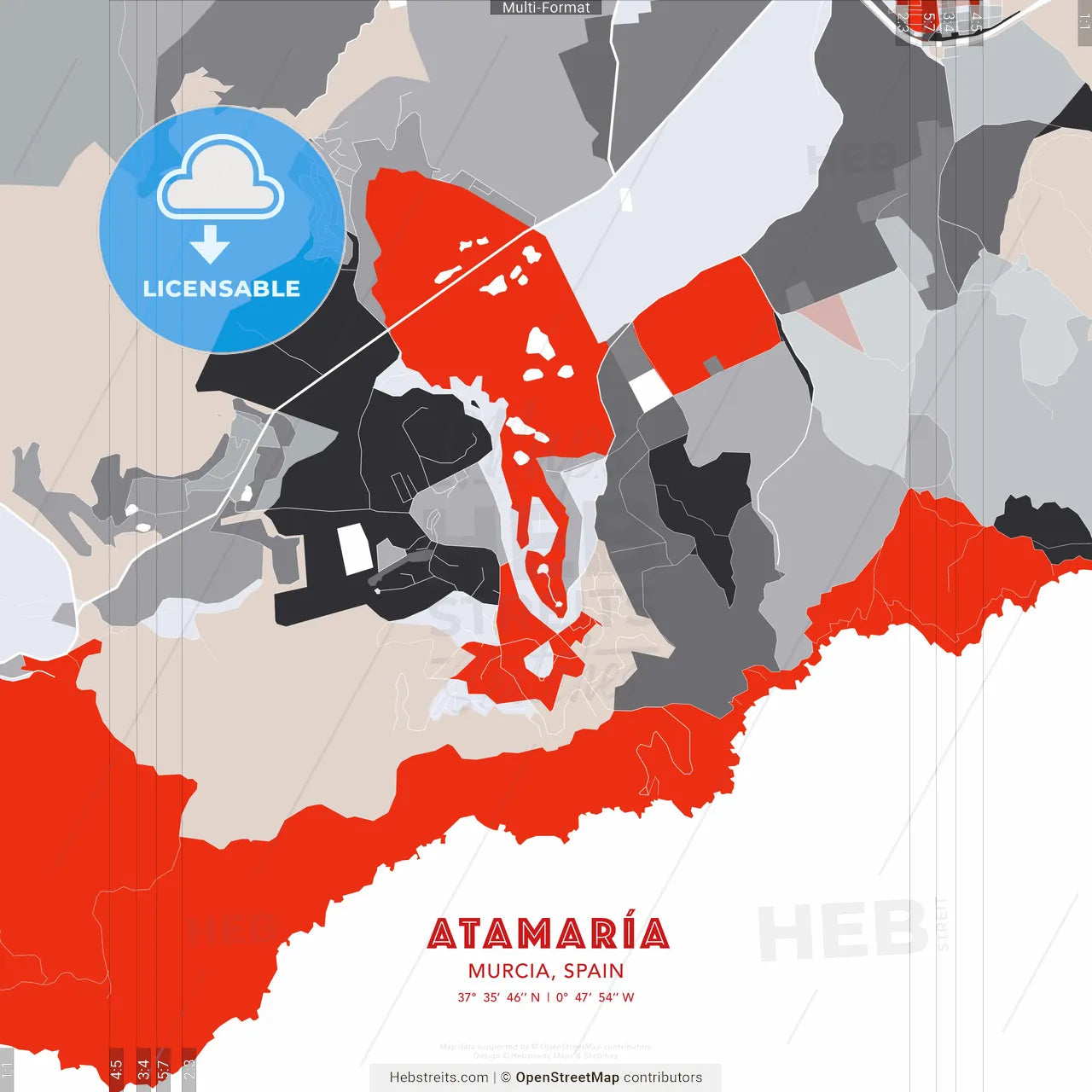 Atamaría, Murcia, Spain - modern street map poster template with gray and red tones