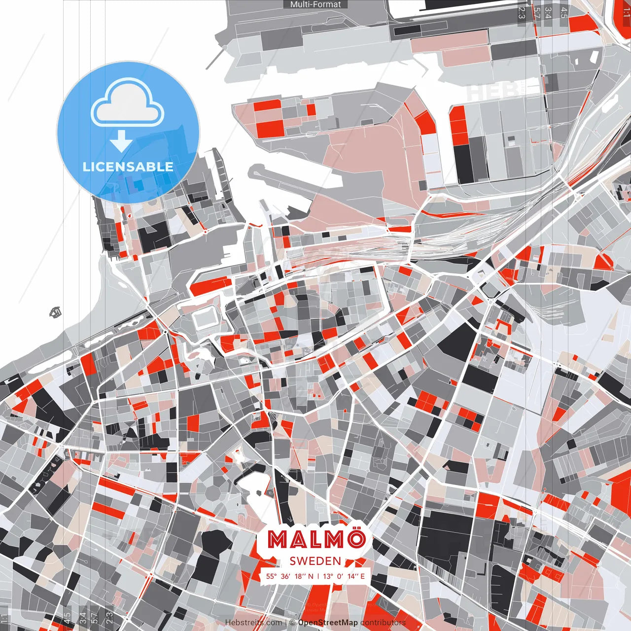 Malmö, Sweden - modern street map poster template with gray and red tones