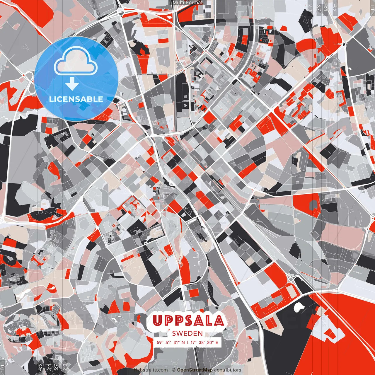 Uppsala, Sweden - modern street map poster template with gray and red tones