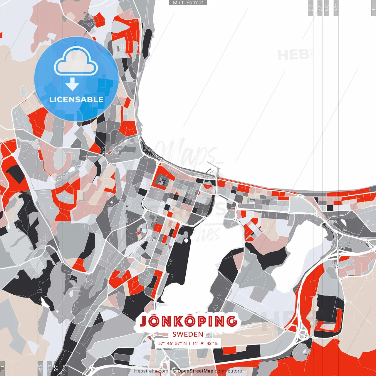 Jönköping, Sweden - modern street map poster template with gray and red tones