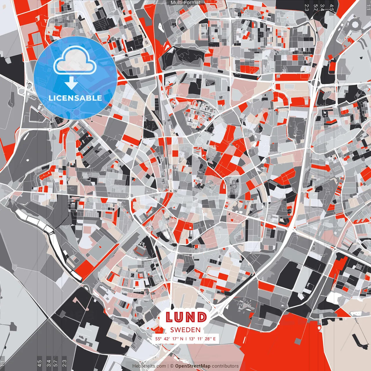 Lund, Sweden - modern street map poster template with gray and red tones