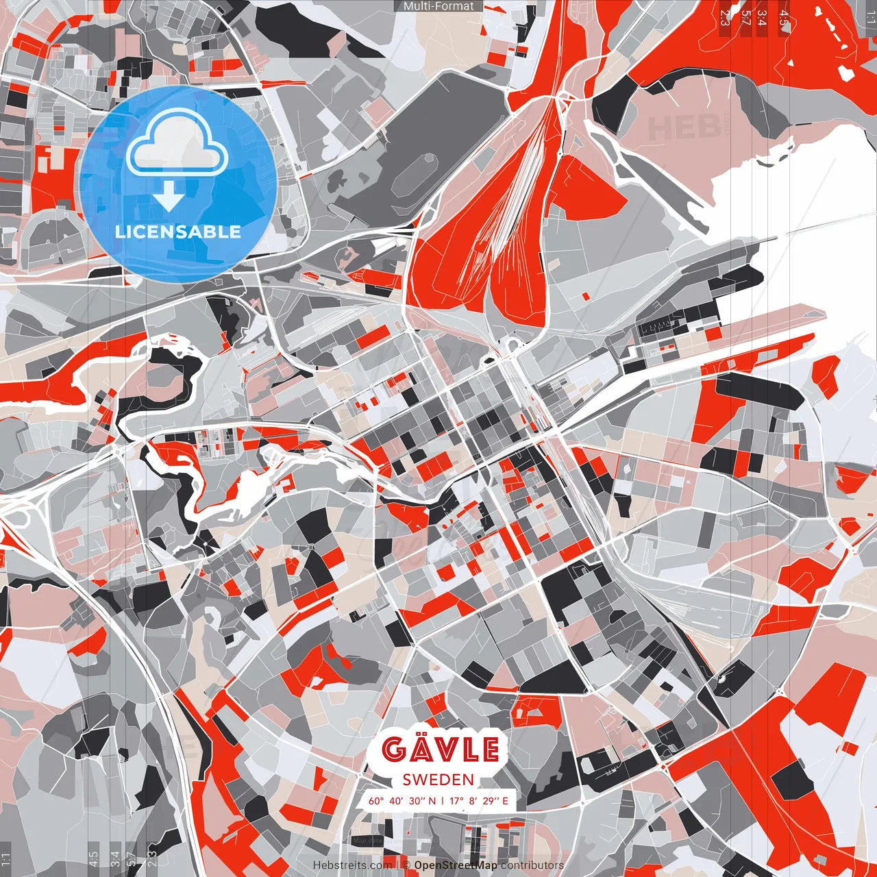 Gävle, Sweden - modern street map poster template with gray and red tones