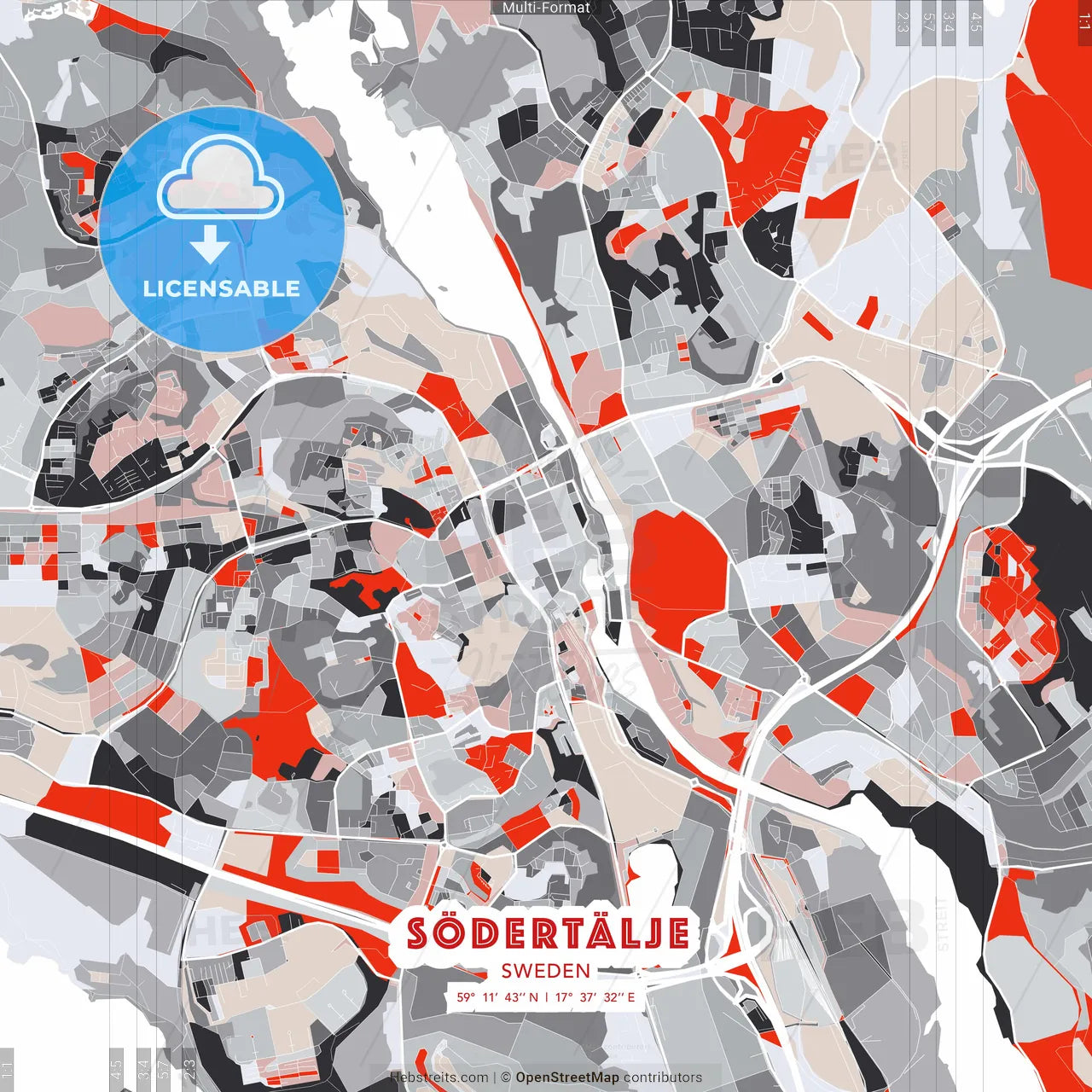 Södertälje, Sweden - modern street map poster template with gray and red tones