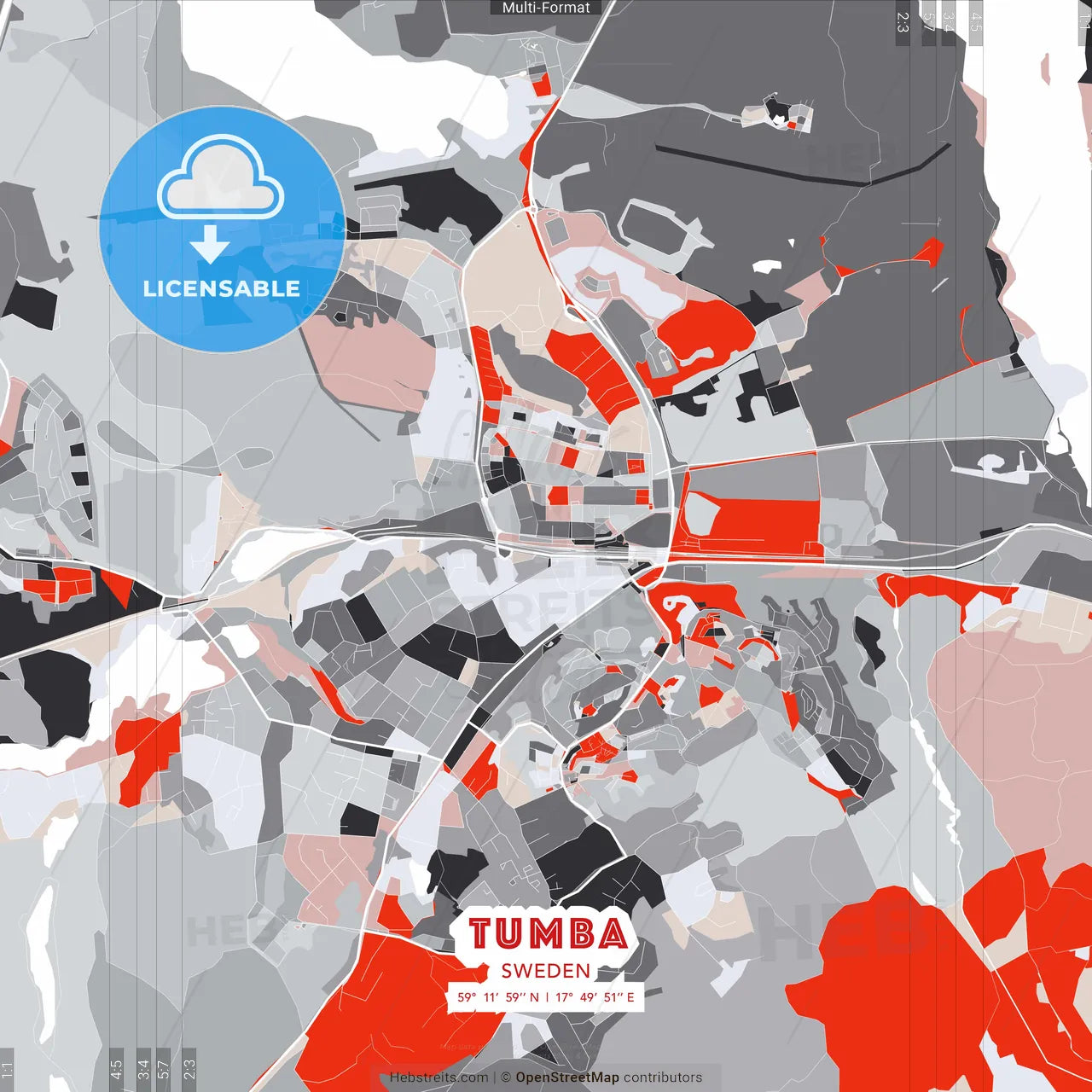 Tumba, Sweden - modern street map poster template with gray and red tones
