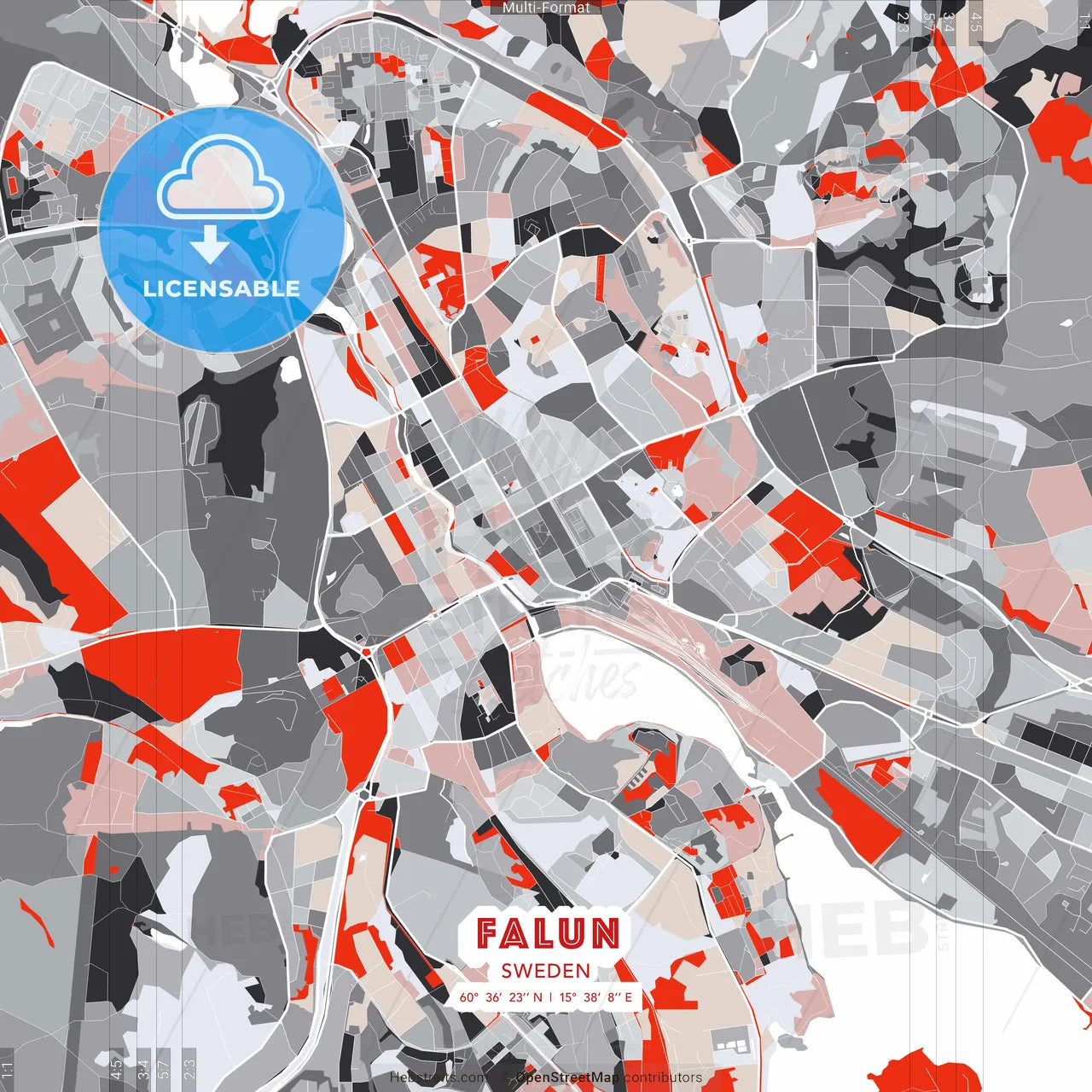 Falun, Sweden - modern street map poster template with gray and red tones