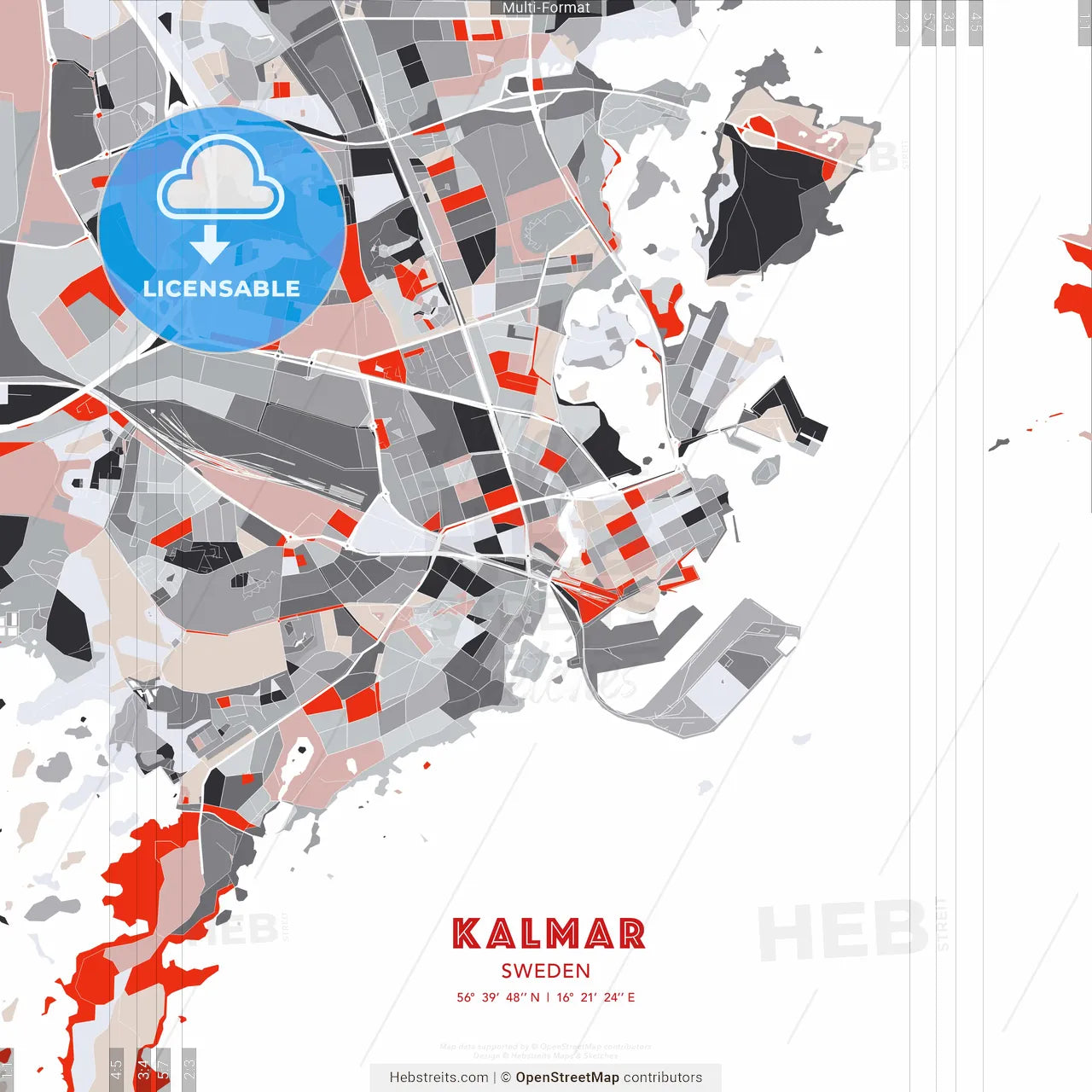Kalmar, Sweden - modern street map poster template with gray and red tones