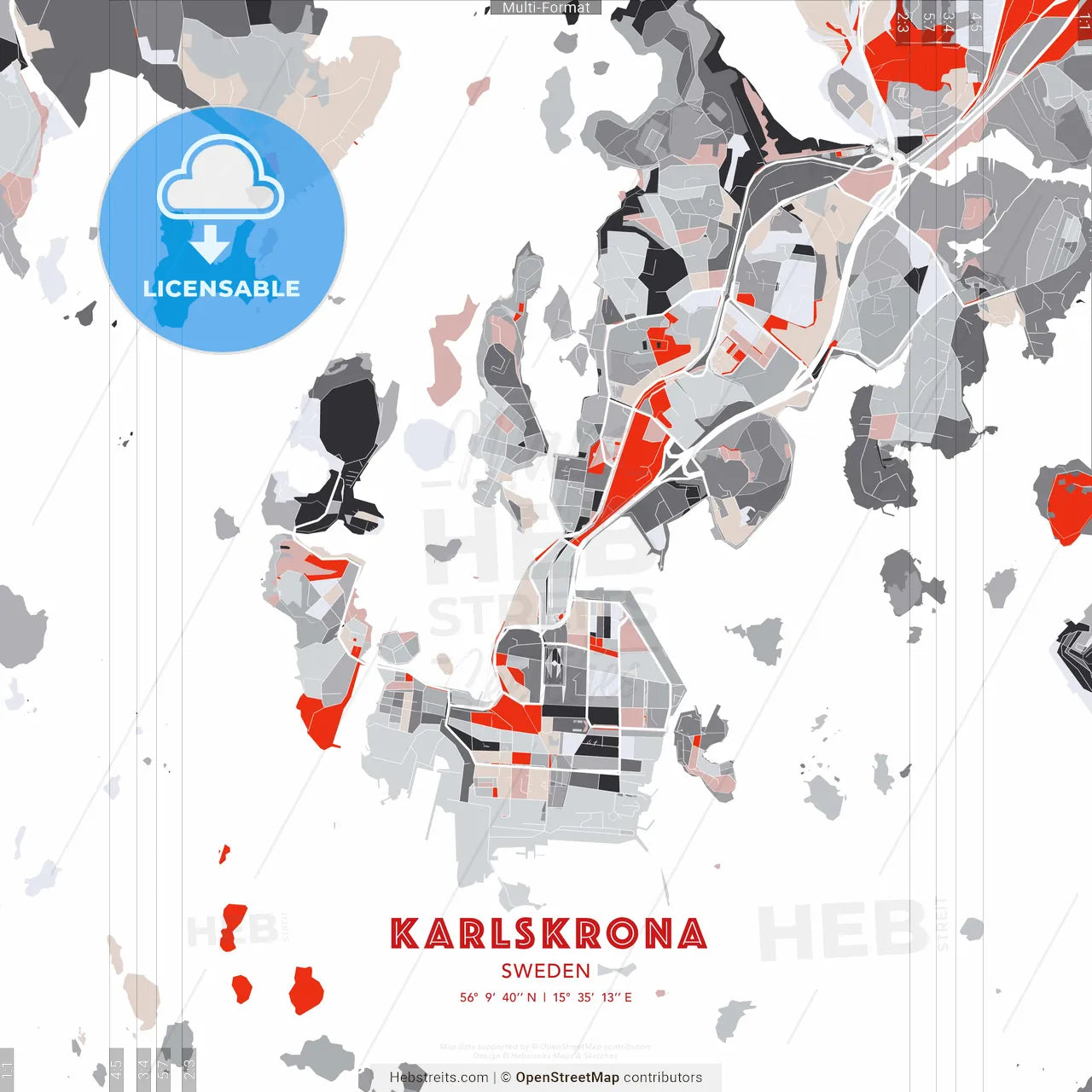 Karlskrona, Sweden - modern street map poster template with gray and red tones
