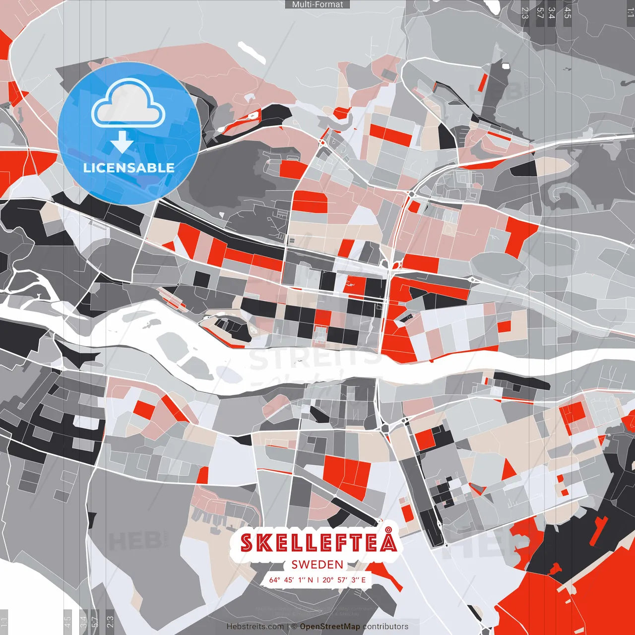 Skellefteå, Sweden - modern street map poster template with gray and red tones