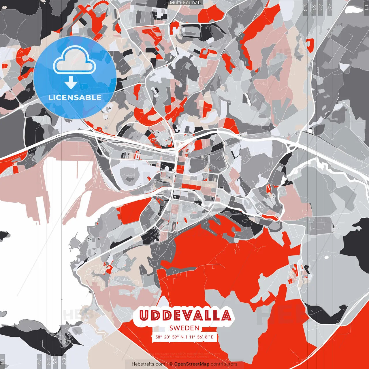 Uddevalla, Sweden - modern street map poster template with gray and red tones