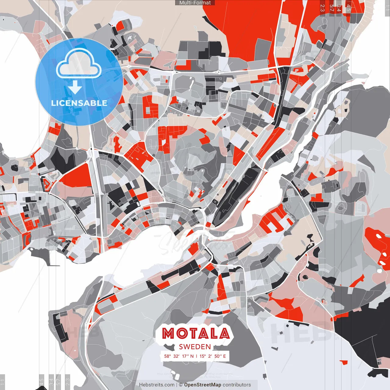 Motala, Sweden - modern street map poster template with gray and red tones