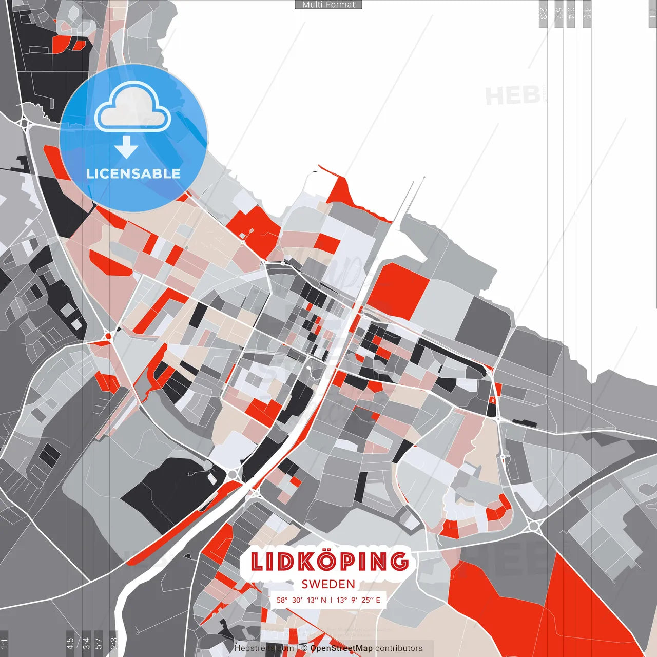 Lidköping, Sweden - modern street map poster template with gray and red tones
