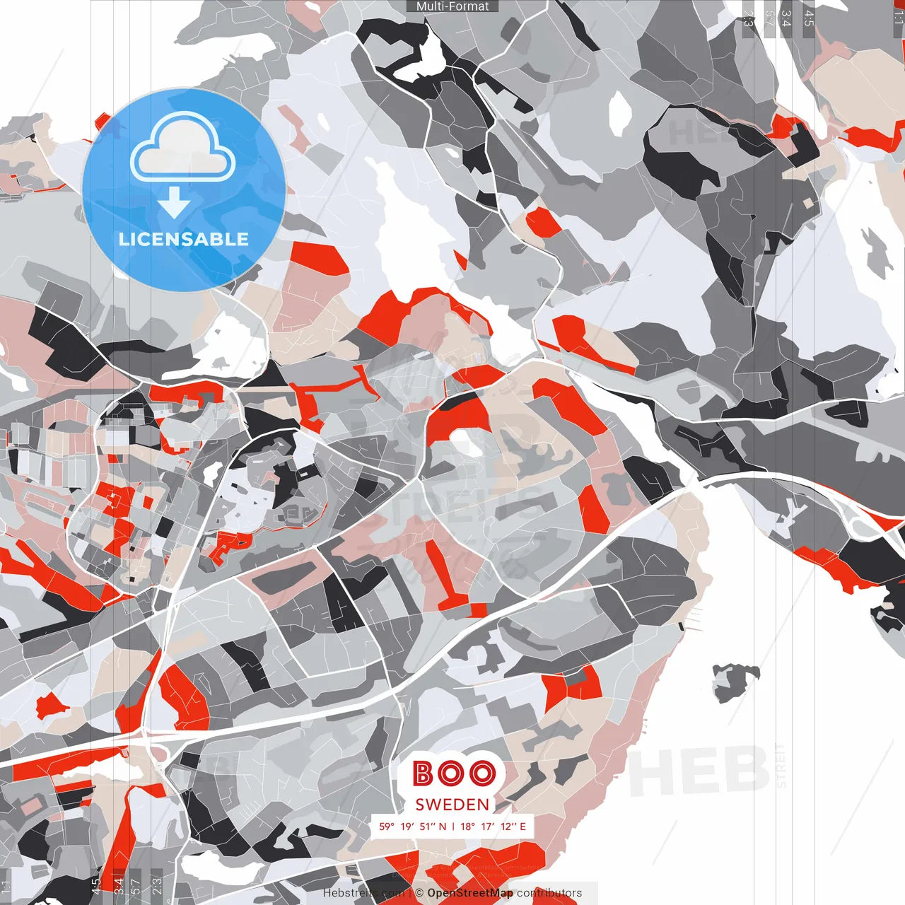 Boo, Sweden - modern street map poster template with gray and red tones