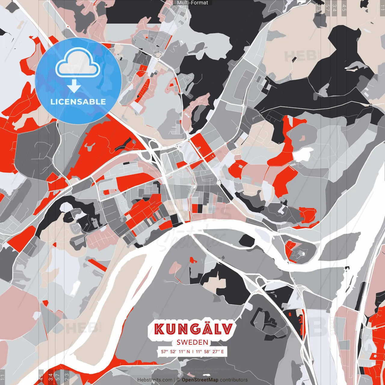 Kungälv, Sweden - modern street map poster template with gray and red tones
