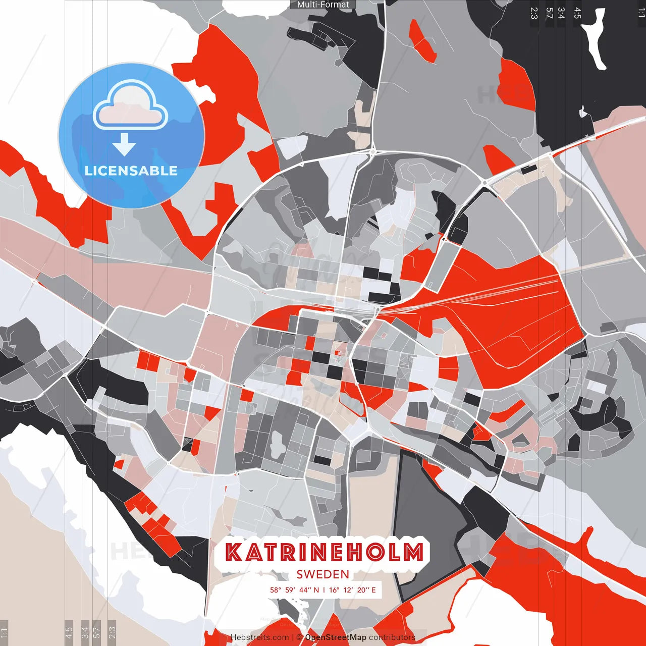 Katrineholm, Sweden - modern street map poster template with gray and red tones