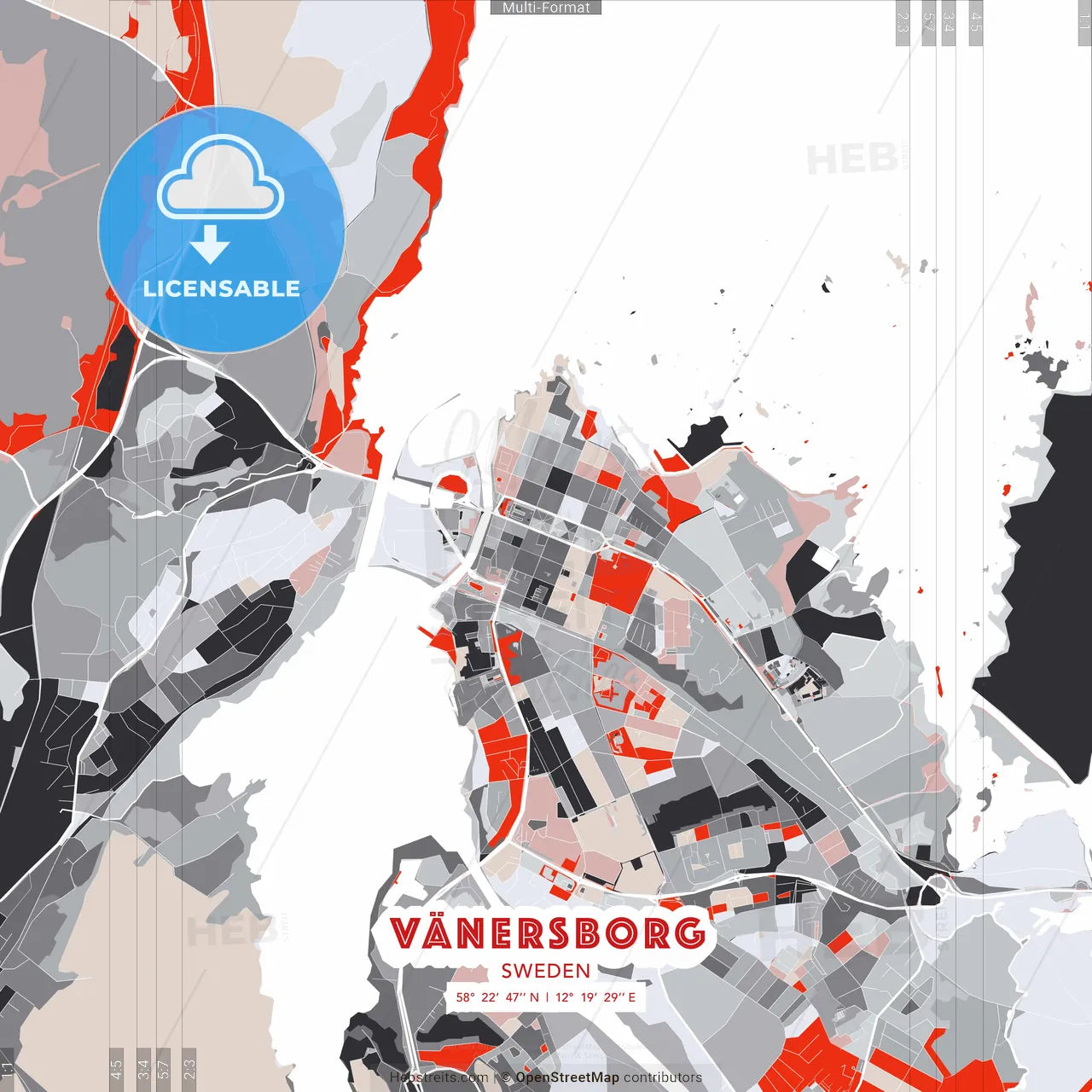 Vänersborg, Sweden - modern street map poster template with gray and red tones