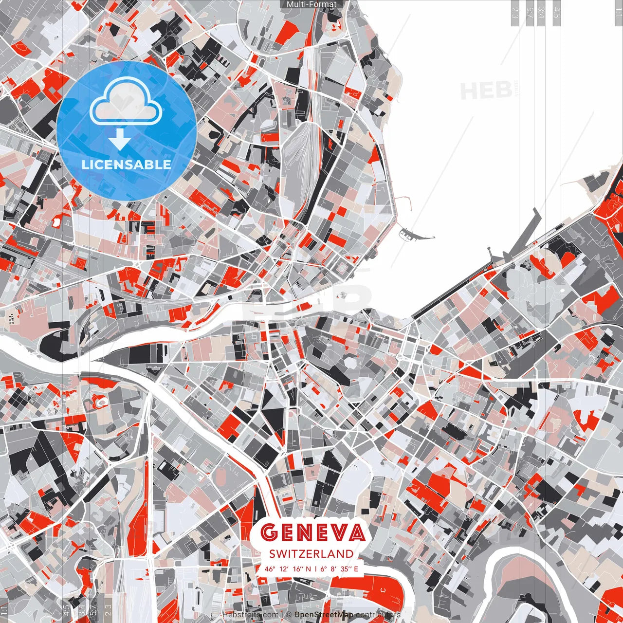 Geneva, Switzerland - modern street map poster template with gray and red tones